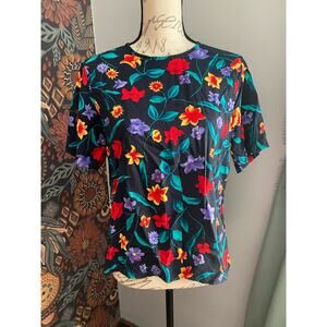 Vintage Sag Harbor Black Floral Rayon Size Medium